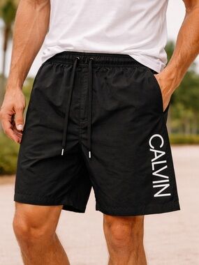 Calvin Klein Swim Trunks Men’s Size M Black Logo Drawstring Shorts